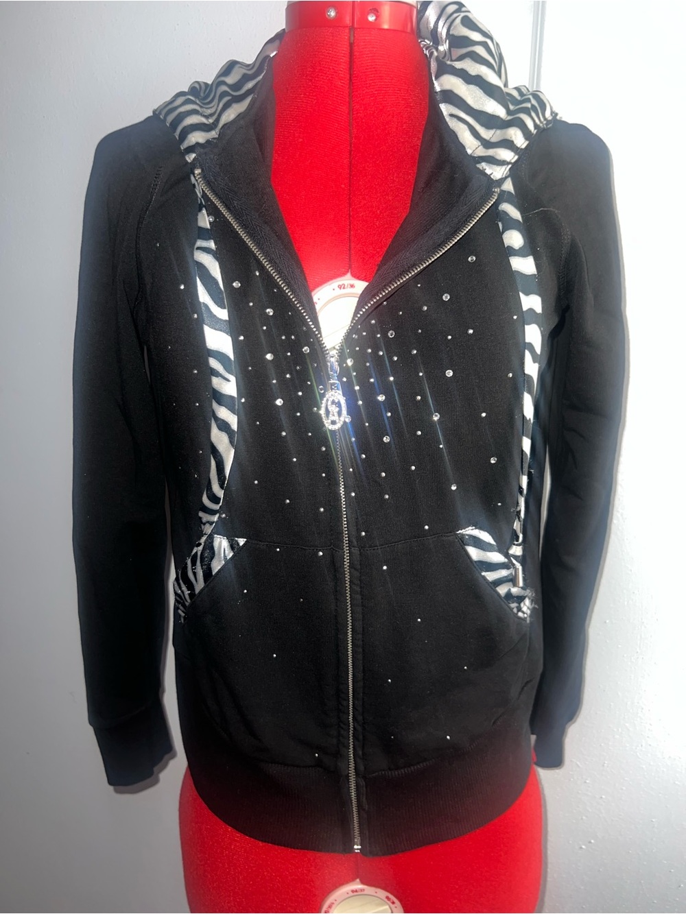Christine Alexander Y2K Rhinestone Zebra Hoodie Black Small